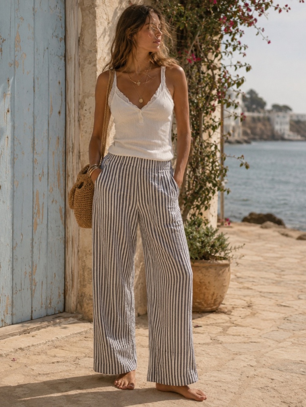 Osklen High-waisted Striped 100% Linen Wide Leg Pants Coastal Beachy Preppy